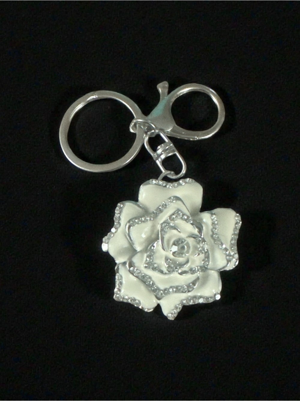 White Enamel Rose Keychain with Rhinestones